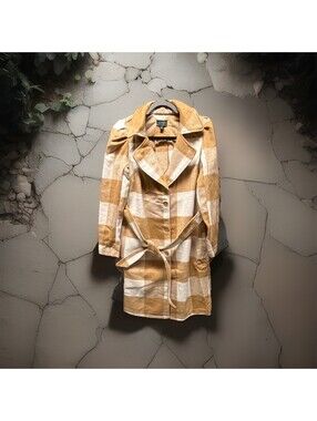 G By Giuliana Women's S Beige White Plaid Belted Mid-Length Overcoat Coat
